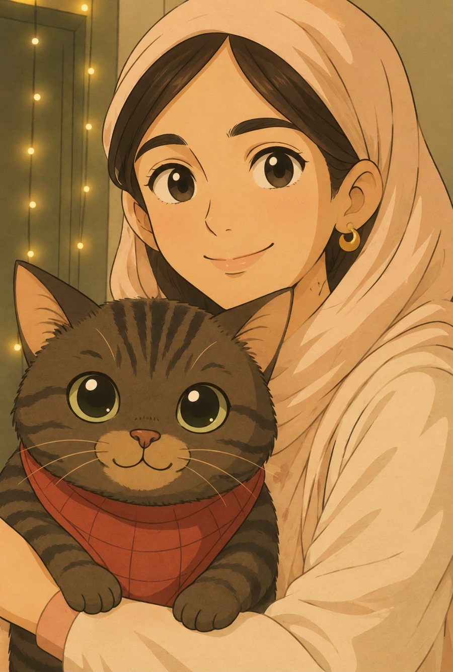 Illustration of Aafrin smiling, holding her cat Bouncy.