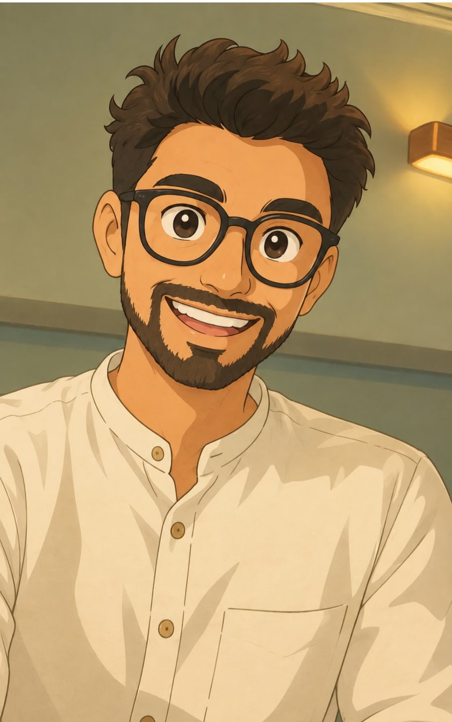 Illustration of Abu Saadat smiling, in a white kurta.